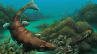 A portrait of a mosasaur swimming near a rock.