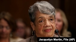 FILE - NASA engineer Christine Darden attends a Senate subcommittee hearing in Washington, Tuesday, July 9, 2019.