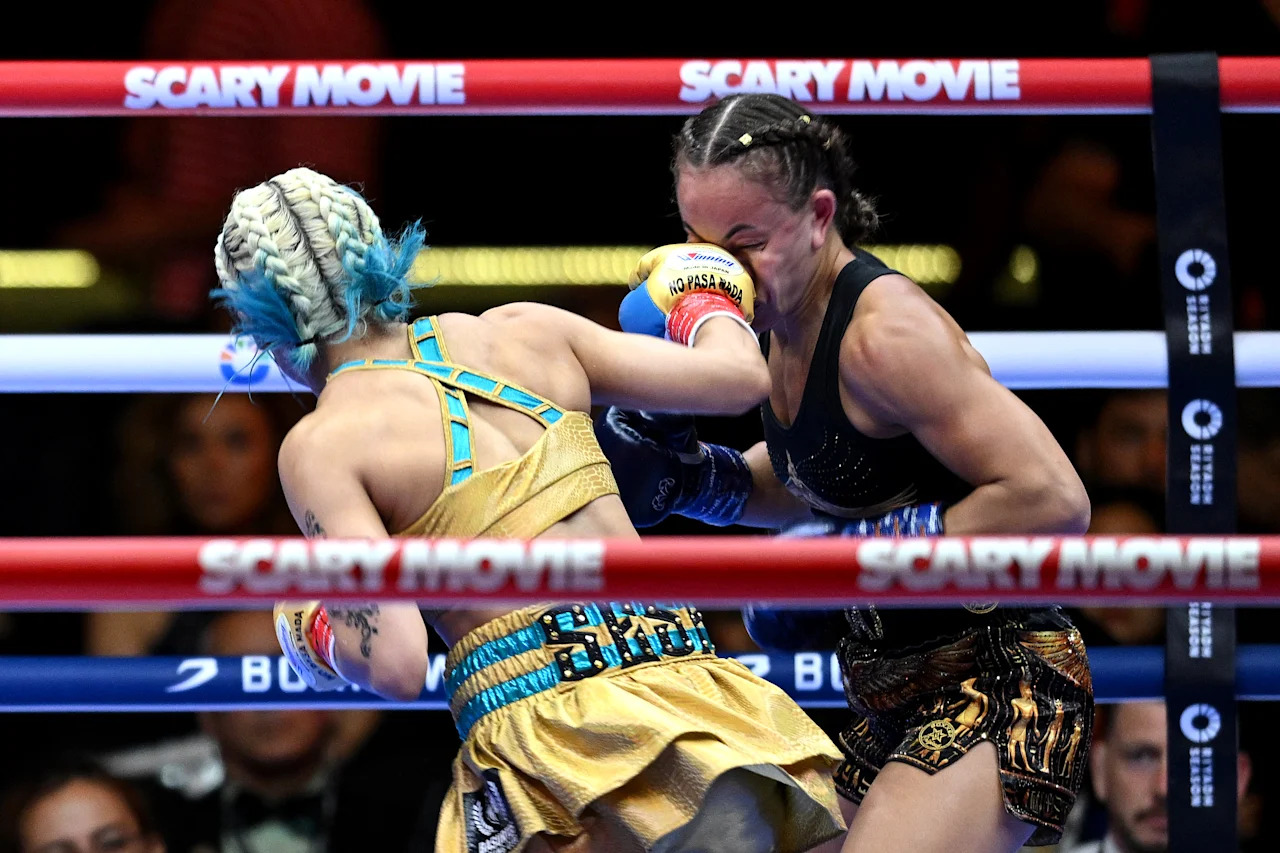 CAIRO, EGYPT - MAY 23: Mizuki Hiruta punches Mai Soliman during the women's WBO world super flyweight title match between Mizuki Hiruta and Mai Soliman as part of 