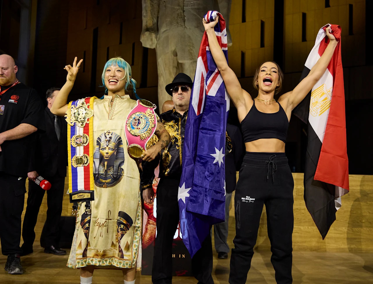 CAIRO, EGYPT - MAY 22: Mizuki Hiruta and Mai Soliman during the weighing of the Glory of Giza (May 22, 2026 at the Grand Egyptian Museum in Cairo, Egypt). (Photo by Mark Robinson/Getty Images)