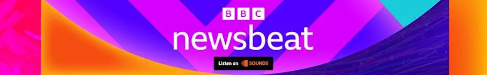 BBC Newsbeat footer logo. It features the BBC logo and the word Newsbeat in white on a colorful purple, violet and orange background. A black rectangular text will appear at the bottom "hear with sound" I can see it.