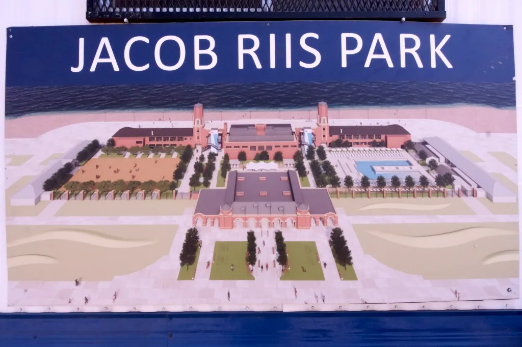 Illustration of the Rockaway Ocean Club featuring the Jacob Reese Bathhouse building, beach, and ocean.