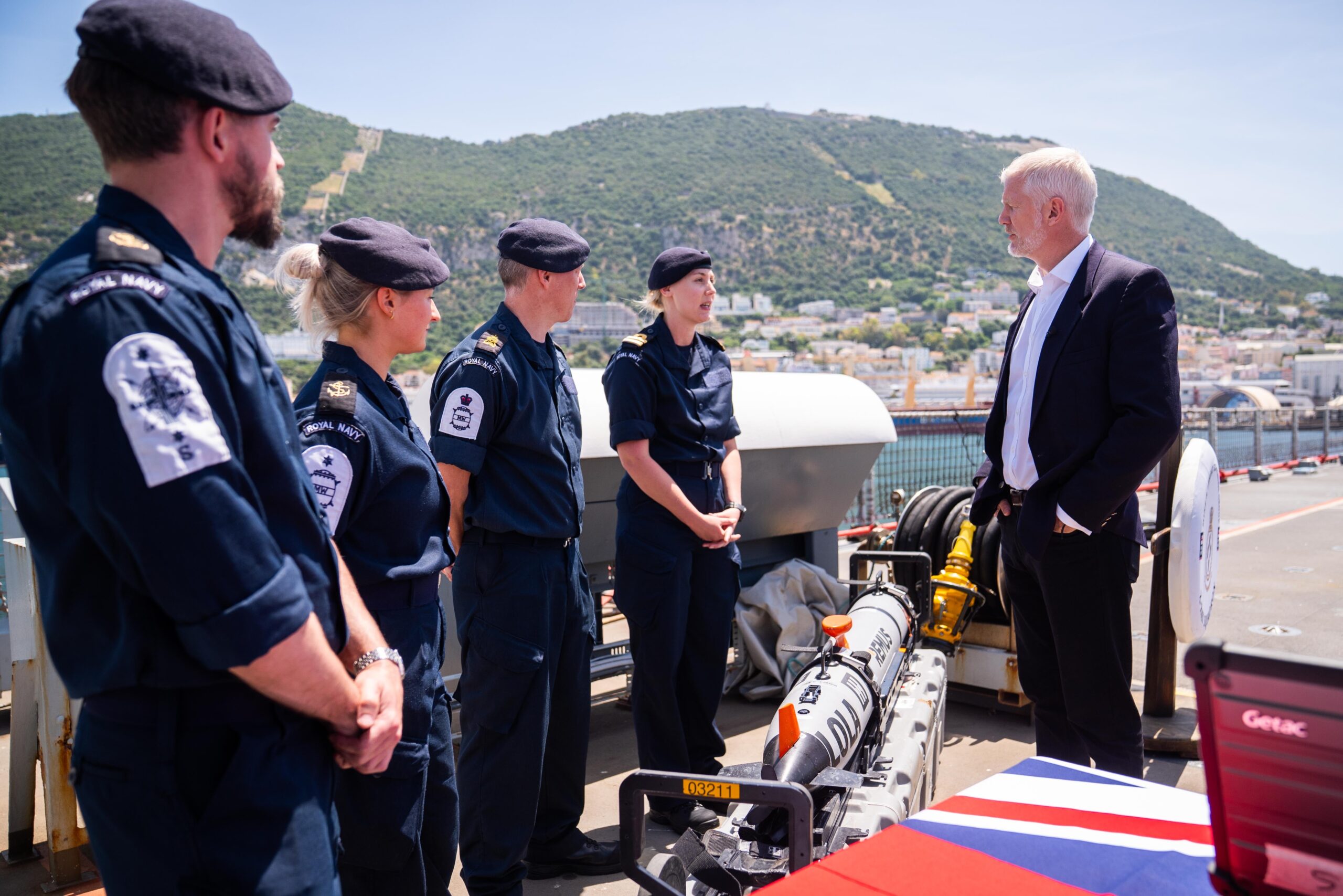 Armed Forces Minister Al Khans was shown mine detection equipment during his visit to RFA Lyme Bay in Gibraltar