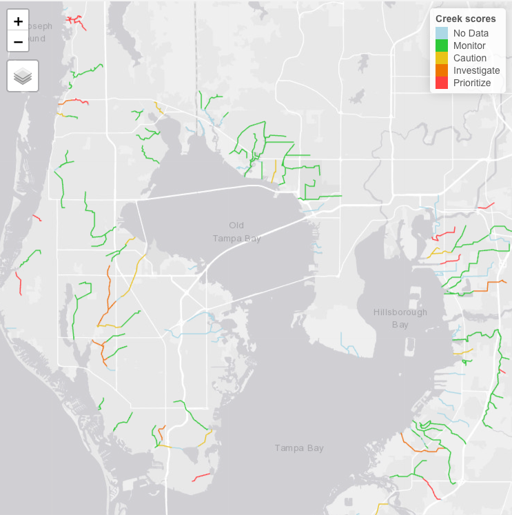 Digital screenshot of the Tampa Bay Estuary Program's tidal dashboard interactive map. The light gray basemap shows the geography of the Tampa Bay area, including Old Tampa Bay and Hillsboro Bay. Dozens of tidal creeks along the coastline and inland are highlighted with colored lines. A “Clique Score” legend in the upper right corner associates colors with specific environmental activity statuses. Light blue means 