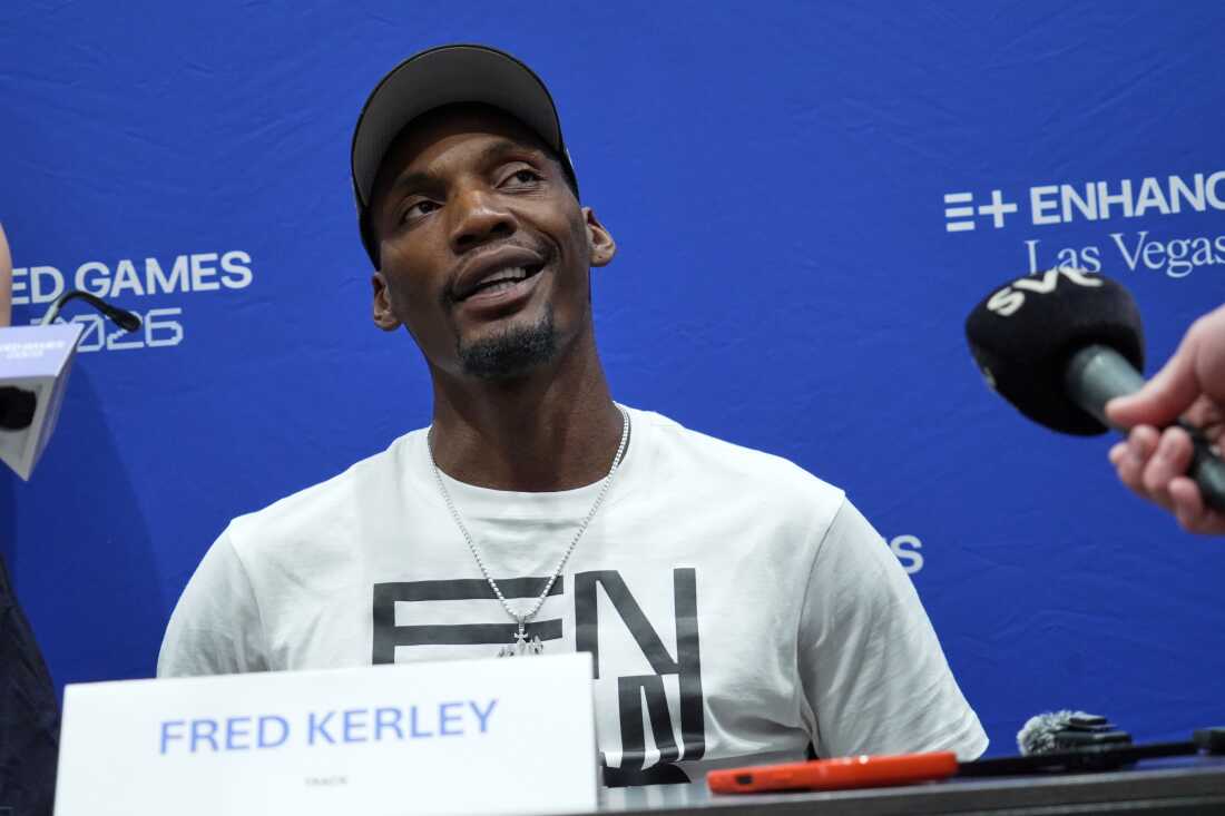 Two-time Olympic medalist Fred Curley attends a press conference ahead of the Enhanced Games in Las Vegas, Friday, May 22, 2026. Unlike most athletes participating in Sunday night's event, the sprinter said he will compete without taking performance-enhancing drugs.