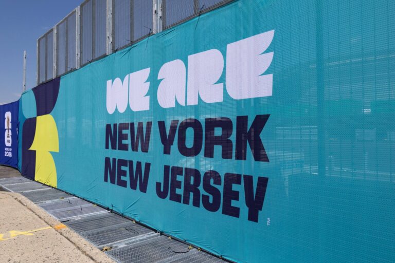 Autograph session outside MetLife Stadium, which puts New York in front of New Jersey.
