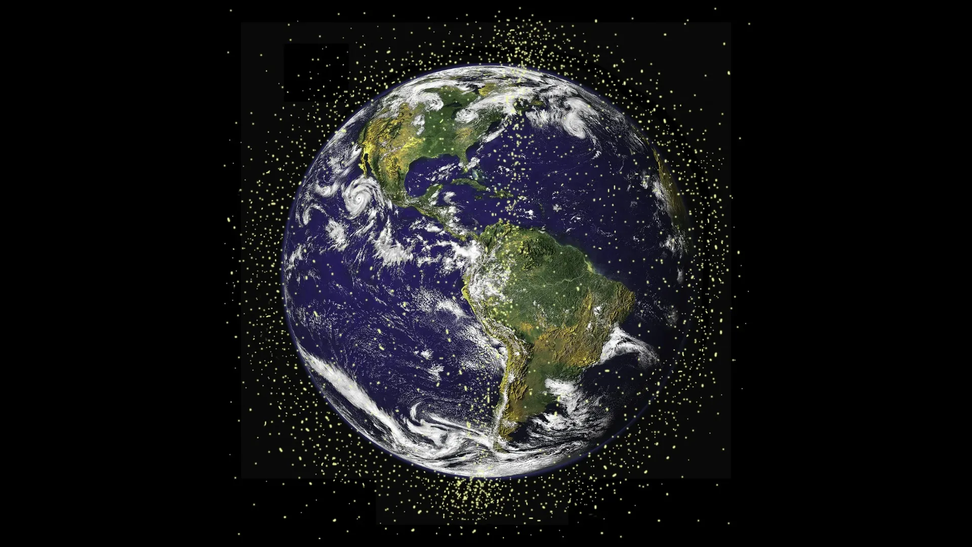 A depiction of the Earth with many small dots around it to indicate debris.